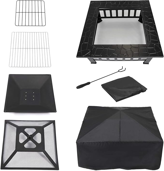 LEMY 32 Inch Outdoor Fire Pit Table Wood Burning Firepit Stove with Lid for Camping&ampBBQ Garden Backyard