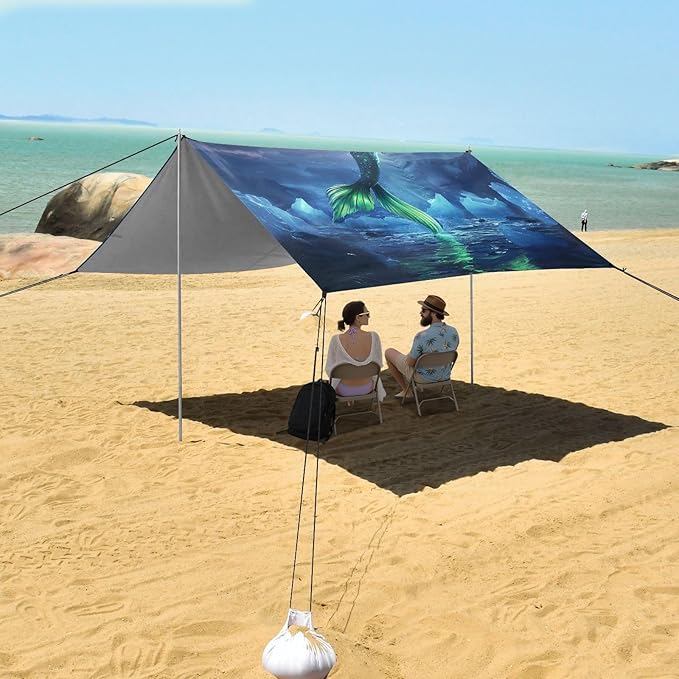 ALAZA Mermaid Northern Lights Beach Tent Sun Shelter UPF50+ Protection Beach Shade Canopy w/ 4 Sandbags for Outdoor Camping Fishing Backyard Fun Picnic 10x9 ft