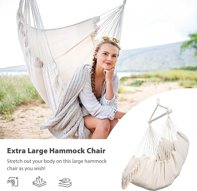 SUNCREAT Hammock Chair Hanging Rope Swing Seat-Max 450lbs Capacity Extra Large Macrame Hanging Swing with Side Pocket Two Seat Cushion Beige