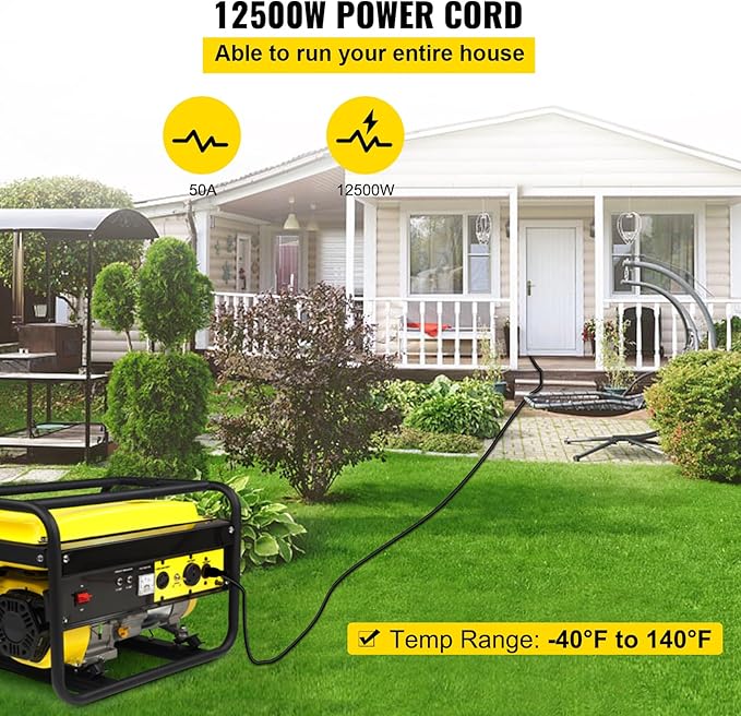 VEVOR 15-Foot 50 Amp Heavy Duty Generator Extension Cord 6/3+8/1 Gauge STW 125V/250V 4-Wire NEMA 14-50P to SS2-50R 12500W Power Cord with Handle for RV EV Transfer Switch