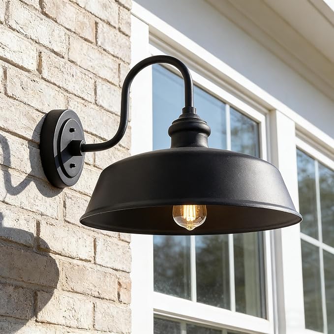 14 Dome Outdoor Barn Light Large Farmhouse Style Gooseneck Exterior Light Fixture Outdoor Wall Sconce Lighting with Wall Mount Rustic Black Porch Lights for Outside Garage Entryway