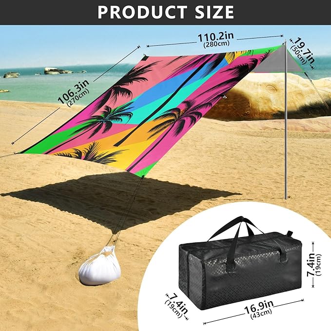 xigua Palm Tree Beach Tent Sun Shelter with Carrying Bag - Silver Coated Oxford Fabric Beach Canopy for Beach Camping Fishing - Includes Windproof Ropes Sandbags &amp Stakes