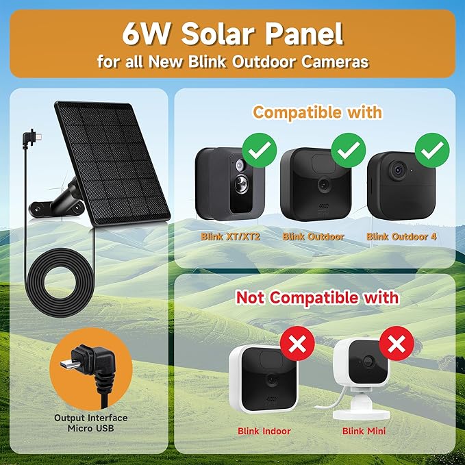 4 Pack Solar Panel for Blink Outdoor 2K+/4(4th Gen)/Outdoor(3rd Gen) XT3 and XT2/XT Camera6W Solar Charger for Blink with 360° Adjustable Mount 5.9in to 8.7in10ft Outdoor Power CableWaterproof