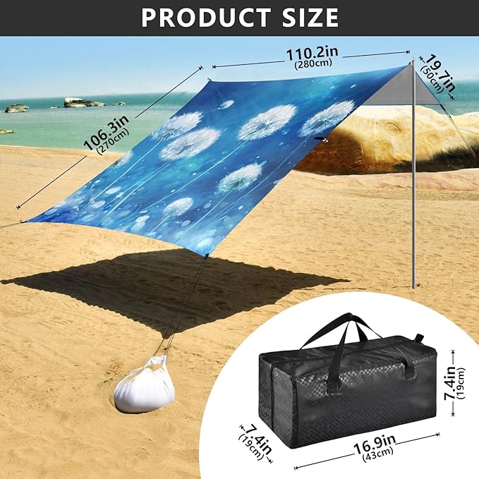 White Dandelions Foldable Beach Canopy UPF50+ Lightweight Large Sun Shelter with Sandbags &amp Sand Shovel for Camping Picnics Backyard &amp Fishing
