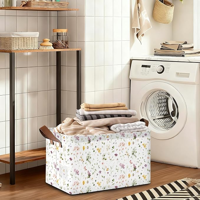 32L Large Storage Bins with Handles Basket Organizer for Shelves Closet Books Laundry &amp Home Decor (Meadow Flower)