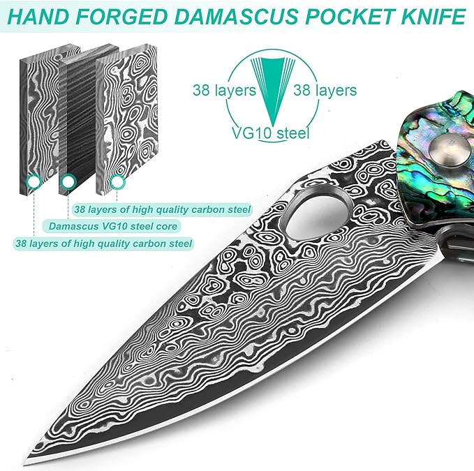 Benkey Damascus Pocket Knife Sharp VG10 Core Damascus Steel Folding Knives with True Abalone Shells Handle Leather Sheath Ball Bearing Liner Lock Lightweight Damascus Knife for EDC Men Women
