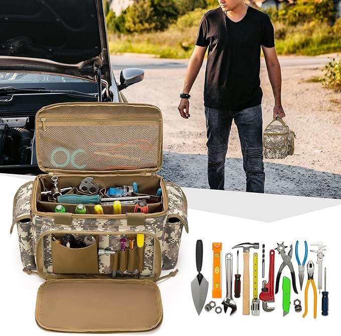 Rexmica Small Tool Bag with Anti-friction and Thick Padded Bottom Tool Storage Organizer for Men Tactical Range Bag Multi-functional Work Bag for Repairman Electrician Carpenters (Camo)
