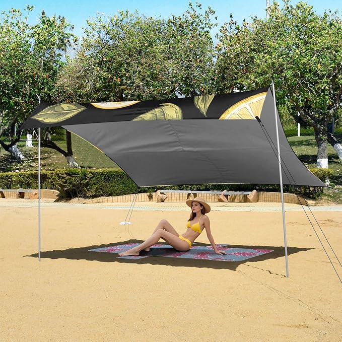 ALAZA Lemons Black Background Pattern Beach Tent Sun Shelter Portable Canopy Sunshade for Outdoor Camping Picnics Backyard Fun 10x9 ft