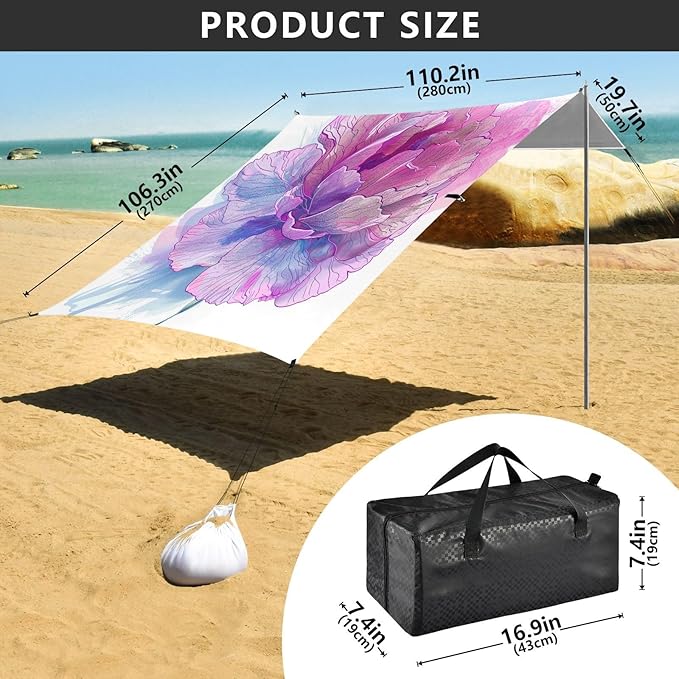 ALAZA Carnation Flower Ink Beach Tent Sun Shelter UPF50+ Protection Beach Shade Canopy w/ 4 Sandbags for Outdoor Camping Fishing Backyard Fun Picnic 10x9 ft