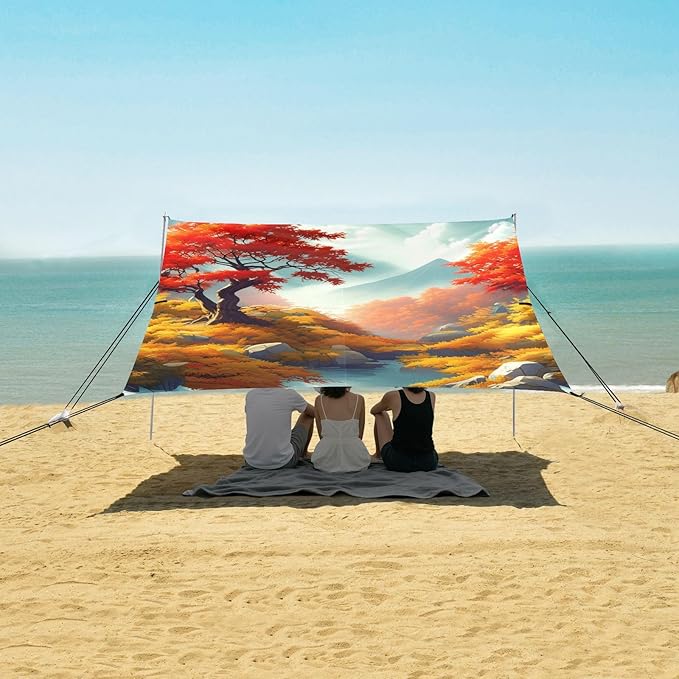 xigua Autumn Beach Tent Sun Shelter with Carrying Bag - Silver Coated Oxford Fabric Beach Canopy for Beach Camping Fishing - Includes Windproof Ropes Sandbags &amp Stakes