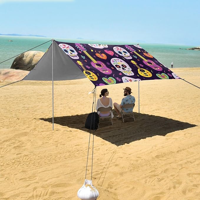 ALAZA Guitar Skull Pattern Beach Tent Sun Shelter Portable Canopy Sunshade for Outdoor Camping Picnics Backyard Fun 10x9 ft