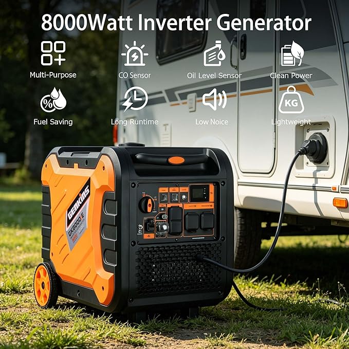 Genkins Inverter Generator 8000W Outdoor Portable Generators Gas Powered Super Quiet with Parallel Capability Electric Start Ideal for Home Backup RV Camping Travel