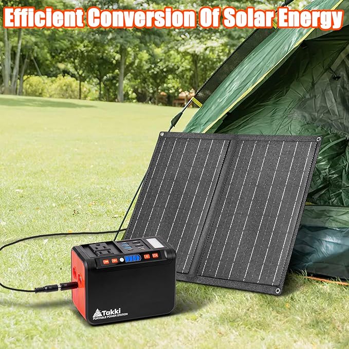 Takki 111Wh Portable Solar Generator Power Station with 21W Foldable Solar Panel 120W Peak Solar Charger Power Bank with 110V AC DC USB Ports for Camping Emergency Outdoor Home Use