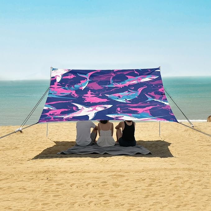 Shark Ocean Navy Blue Oil Painting Beach Tent UPF50+ Easy Setup Large Sun Shelter with Sand Shovel Sandbags for Camping Picnics Backyard &amp Fishing