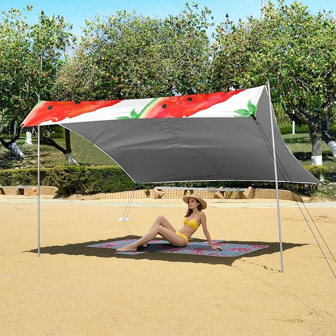 xigua Watermelon Beach Tent Sun Shelter with Carrying Bag - Silver Coated Oxford Fabric Beach Canopy for Beach Camping Fishing - Includes Windproof Ropes Sandbags &amp Stakes