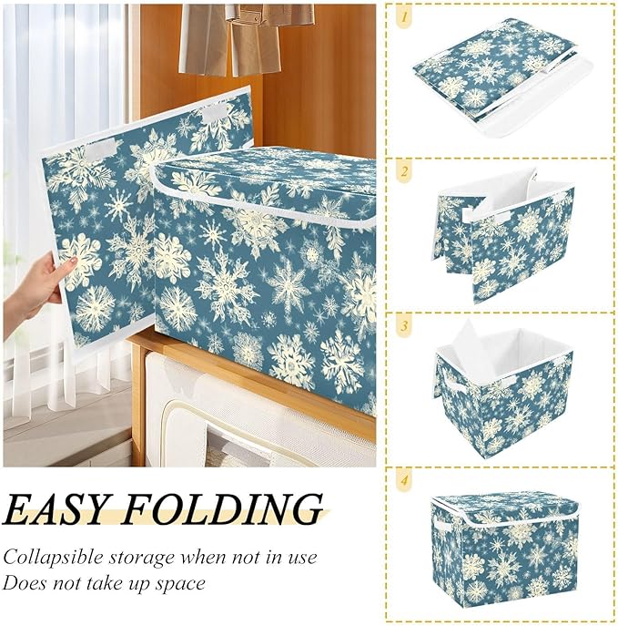 Pretty Christmas Snowflakes Blue Storage Box with Lid 1 PC Foldable Storage Bin with Lids Stackable Storage Bins Cube Closet Organizer Basket with Flip-Top Lid &amp Handles for Shoes Books Towels