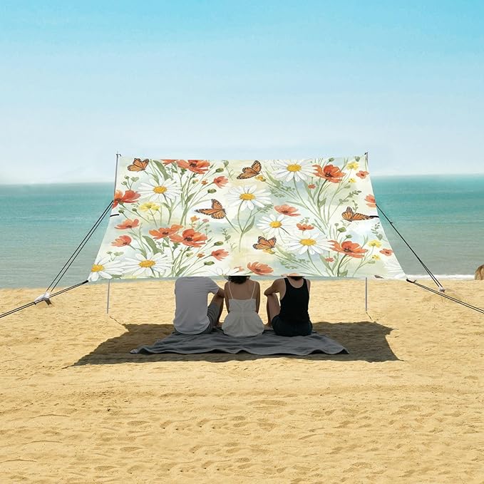 xigua Wildflowers Beach Tent Sun Shelter with Carrying Bag - Silver Coated Oxford Fabric Beach Canopy for Beach Camping Fishing - Includes Windproof Ropes Sandbags &amp Stakes
