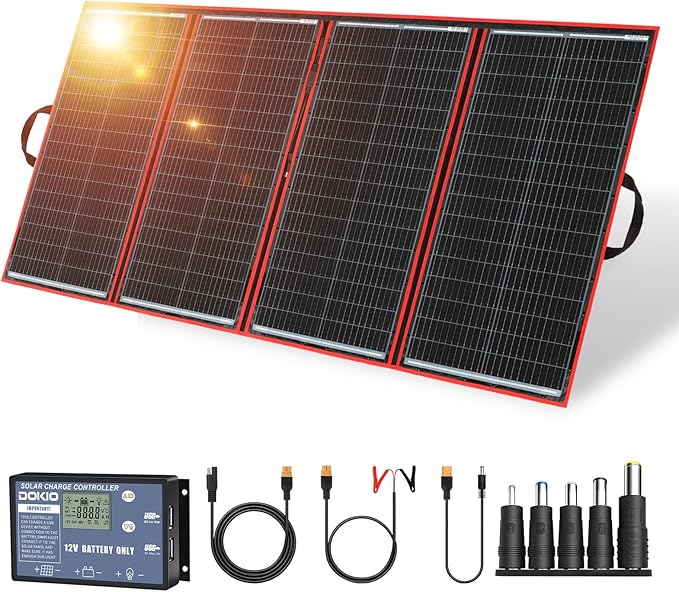 DOKIO 300W Portable Foldable Solar Panel Kit (20x38in 15.3lb) with Separate Controller and Dual USB Monocrystalline Charger for 12V Batteries &amp Power Stations RV Camping Trailer Emergency Back