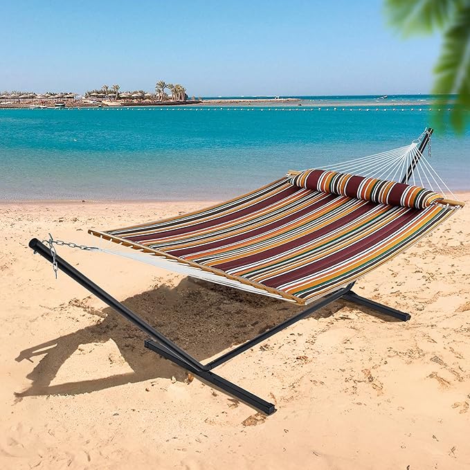 SUPERJARE Hammock with Stand 2 Person Quilted Outdoor Hammock Detachable Pillow &amp Bamboo Spreaders Portable Hammock with Carrying Bag Heavy Duty Stand Perfect for Outside Patio Maple-Leaf R