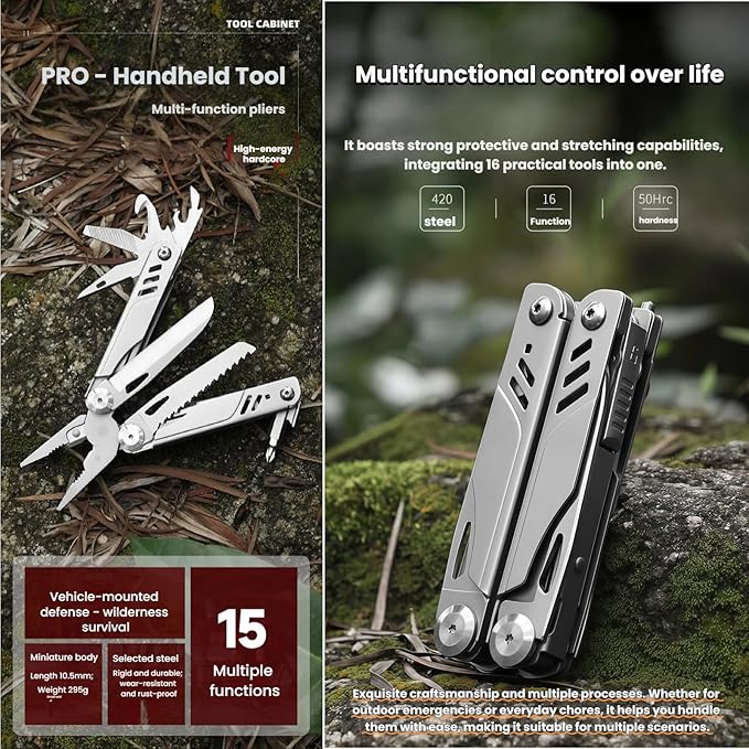 Multitool 15-in-1 Full-Size Lightweight EDC Multi-Purpose Pliers Folding Knife Camping Knives &amp Tools Men Gift Ideas Gifts for Hunters Men who have EverythingOutdoor Survival Gear (silver