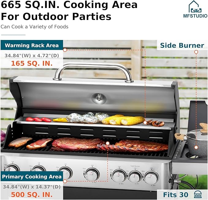 MFSTUDIO 6-Burner Propane Gas Grill Stainless Steel BBQ Grill with Side Burner and Porcelain-Enameled Cast Iron Grates High Output Gas BBQ Grills for Barbeque and Outdoor Cooking