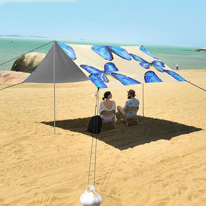 Beach Canopy with Windproof Ropes &amp Sandbags Beach Tent Sun Shade Sun Shelter for Camping Trips Fishing Backyard Fun or Picnics Butterfly