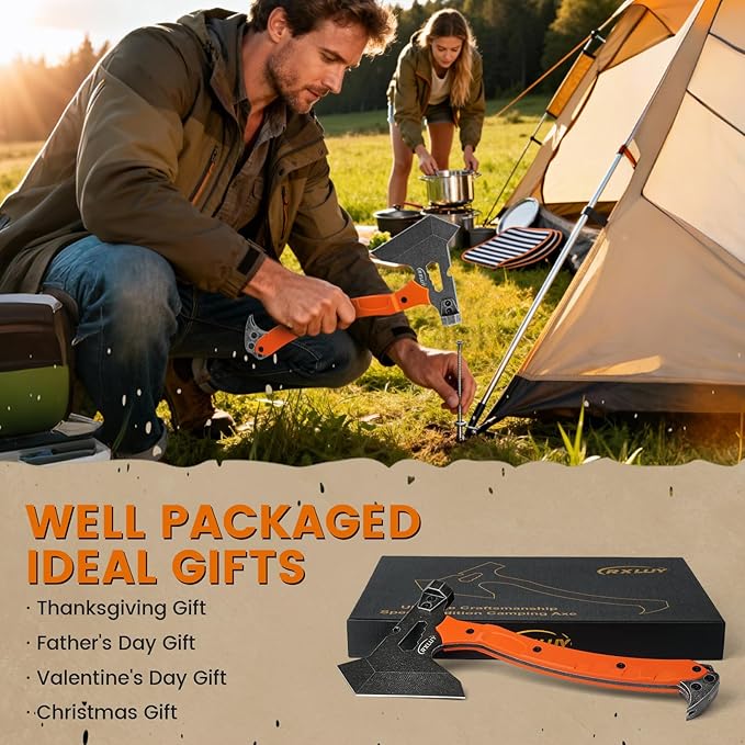Tactical Axe with G10 Handle Camping Survival Hatchet Multifunctional Outdoor Hiking Heavy Duty Full Tang Tomahawk Tools with Hammer Unique Design Crowbar Leather Sheath (Orange)