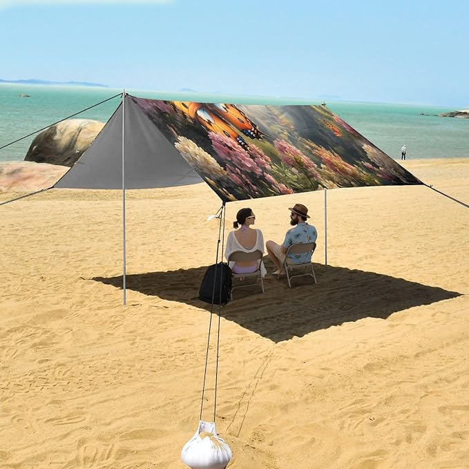 Spring Butterflies Landscape Beach Tent Sun Shelter Set UPF50+ UV Protection 10.5 x 9.19 FT Camping Shade Canopy with Sandbags Sand Anchors Carrying Bag and Others
