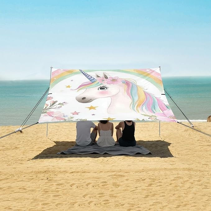 Rainbow Unicorns Flowers Beach Cabana Tent UPF50+ Protection Water-Resistant Sun Shelter with Sand Shovel for Backyard and Camping