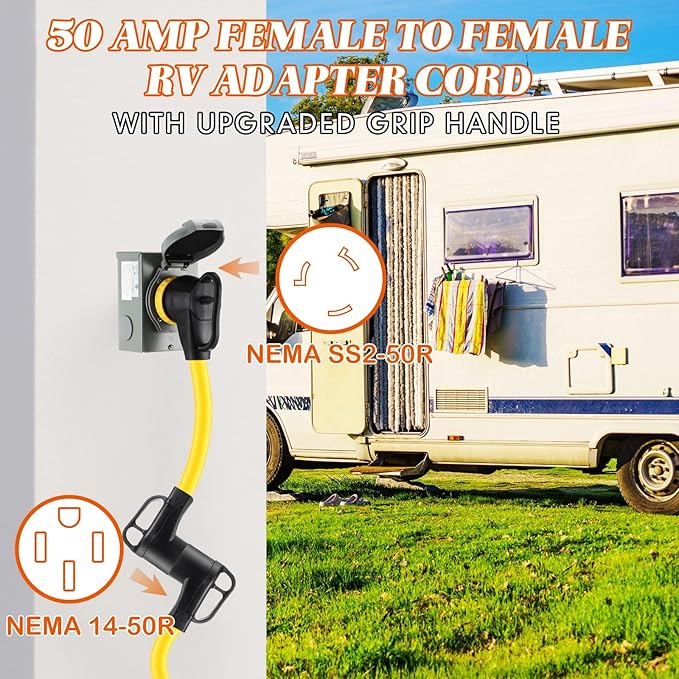 Kanayu 1.5 ft NEMA SS2-50R to 14-50R 50amp RV Generator Adapter Cord Locking SS2-50R Female to 14-50R Female Adapter Cord with Upgraded Grip Handle 6/3C+8/1C AWG for 50A RV and EV