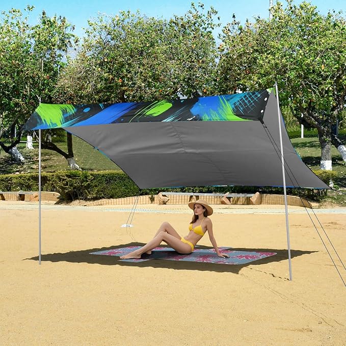 xigua Paint Beach Tent Sun Shelter with Carrying Bag - Silver Coated Oxford Fabric Beach Canopy for Beach Camping Fishing - Includes Windproof Ropes Sandbags &amp Stakes