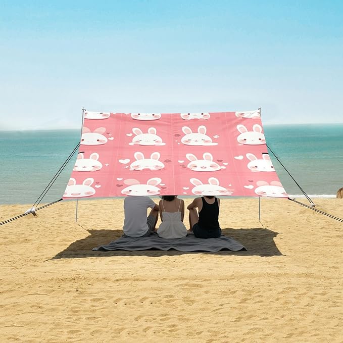 Cute Kittens Pink Red Foldable Beach Tent UPF50+ Water-Resistant Large Sun Shelter with Carrying Bag for Family Trips Picnics &amp Camping