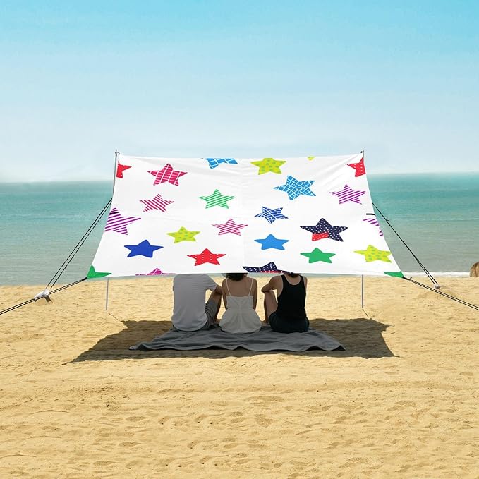 xigua Star Beach Tent Sun Shelter with Carrying Bag - Silver Coated Oxford Fabric Beach Canopy for Beach Camping Fishing - Includes Windproof Ropes Sandbags &amp Stakes