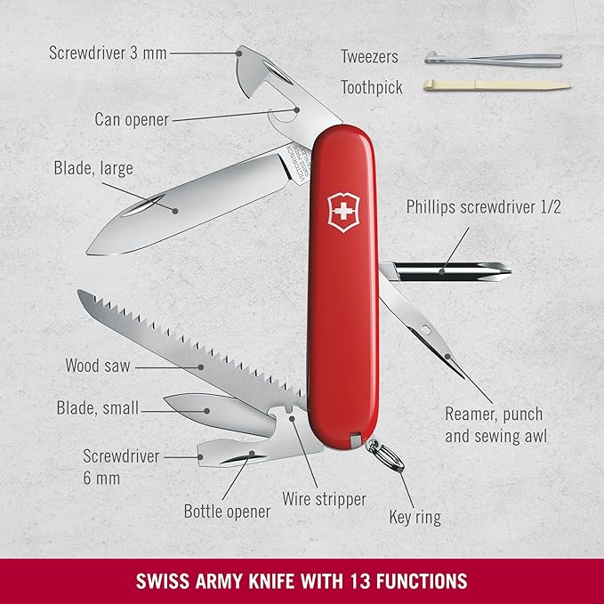 Victorinox Hiker Swiss Army Knife 13 Function Swiss Made Pocket Knife with 2 Blades Bottle Opener Wood Saw and Phillips Screwdriver - Red