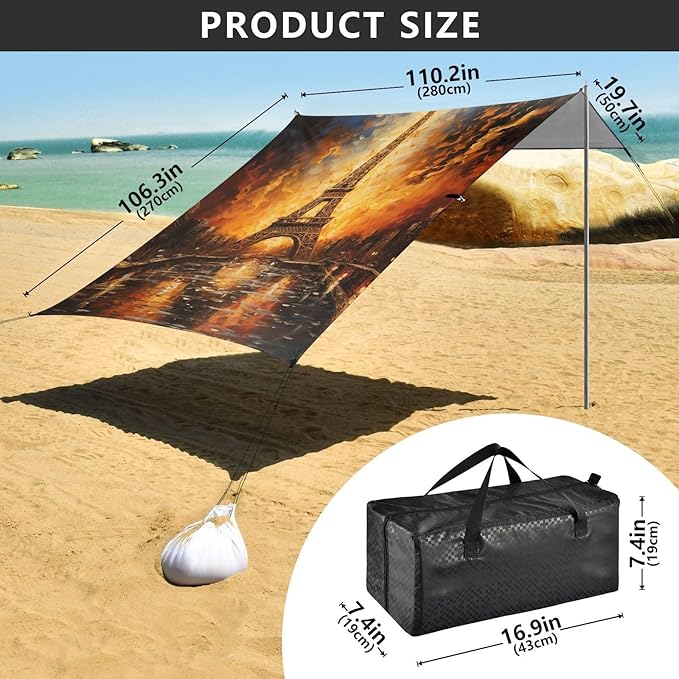 ALAZA Eiffel Tower Gold Fires Beach Tent Sun Shelter Portable Canopy Sunshade for Outdoor Camping Picnics Backyard Fun 10x9 ft