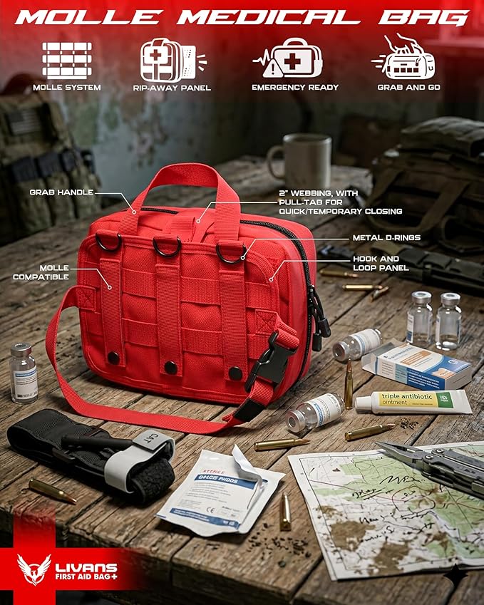 LIVANS Tactical Molle Medical Pouch - Upgraded Size Large Capacity IFAK Pouch with Detachable Quick Release and Headrest Mount Includes Flag and Cross Patch