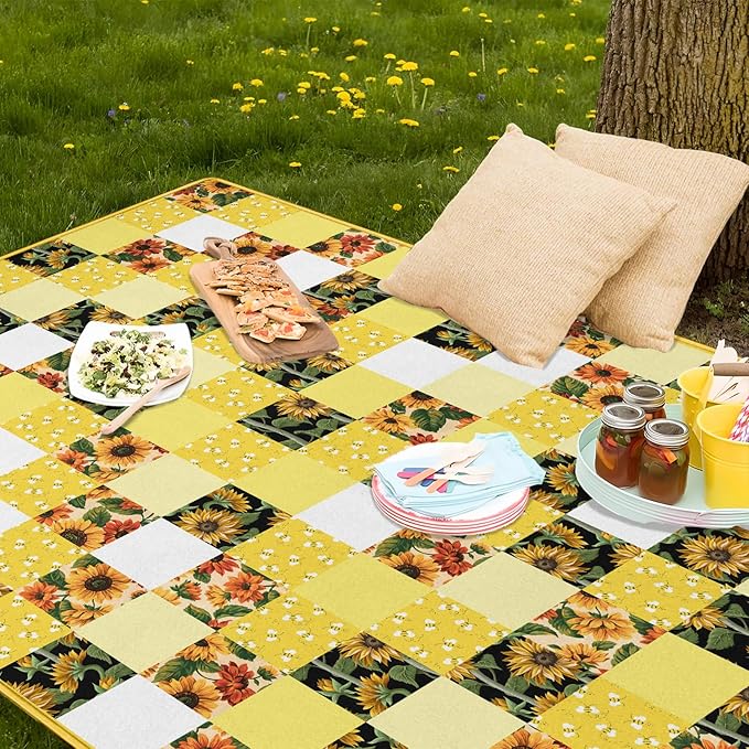 Checkered Picnic Blankets Waterproof Foldable 60″X80″Sunflower Picnic Mat Outdoor Blanket for Grass Cute Bee Thick Beach Blanket Sandproof Picnic Accessories for Camping Party Park Patio