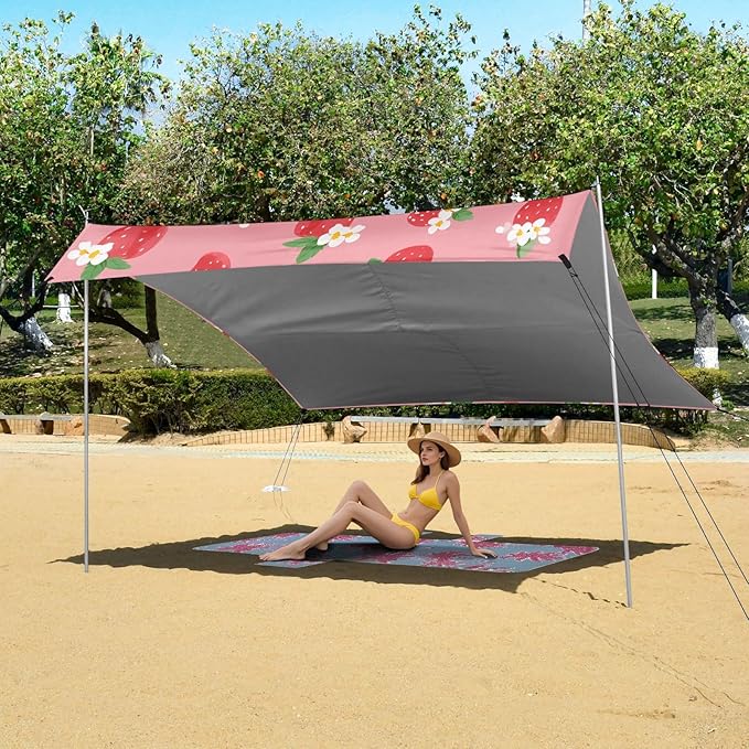 ALAZA White Strawberry Flower Pattern Beach Tent Sun Shelter Portable Canopy Sunshade for Outdoor Camping Picnics Backyard Fun 10x9 ft