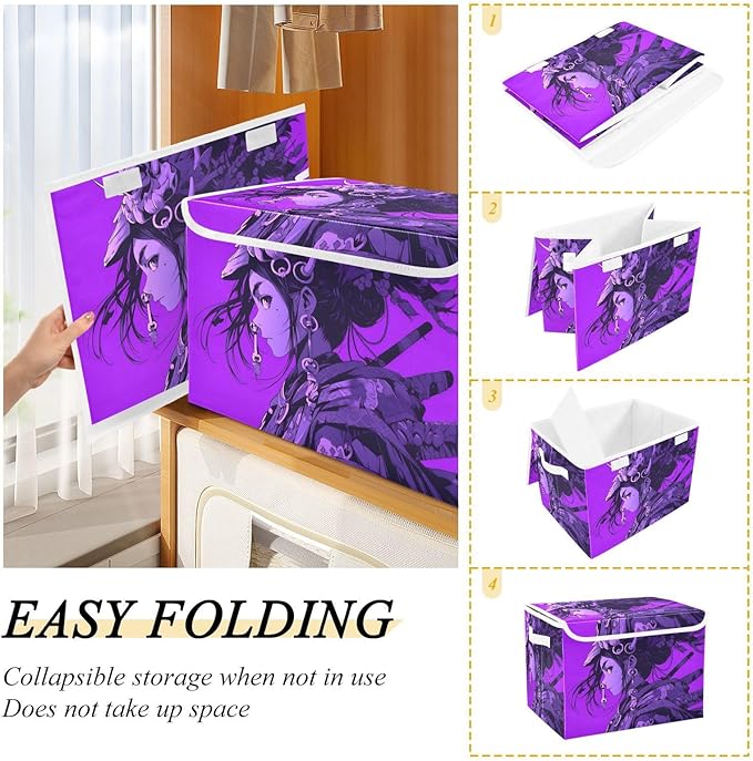 Cool Samurai Storage Cube Bins Basket with Lid Collapsible Flip-top Fabric with Handle for Home Bedroom Closet Office 16.5×12.6×11.8 in
