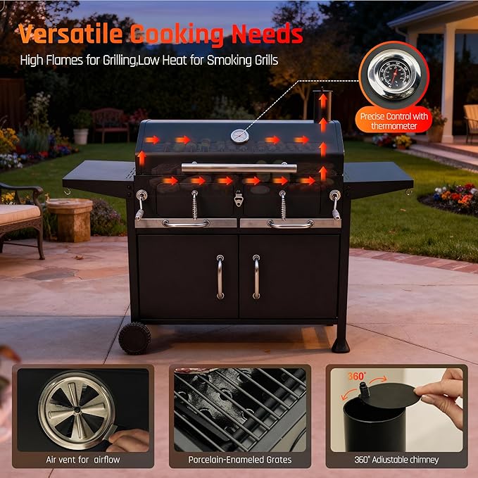 NATURAL EXPRESSIONS Charcoal Grills36 Outdoor Barbecue GrillHeavy Duty Dual-Zone Smoker Grill with 2 Lifting Charcoal TraysFoldable Side TablesOversized Cooking Area for bbqYardParty