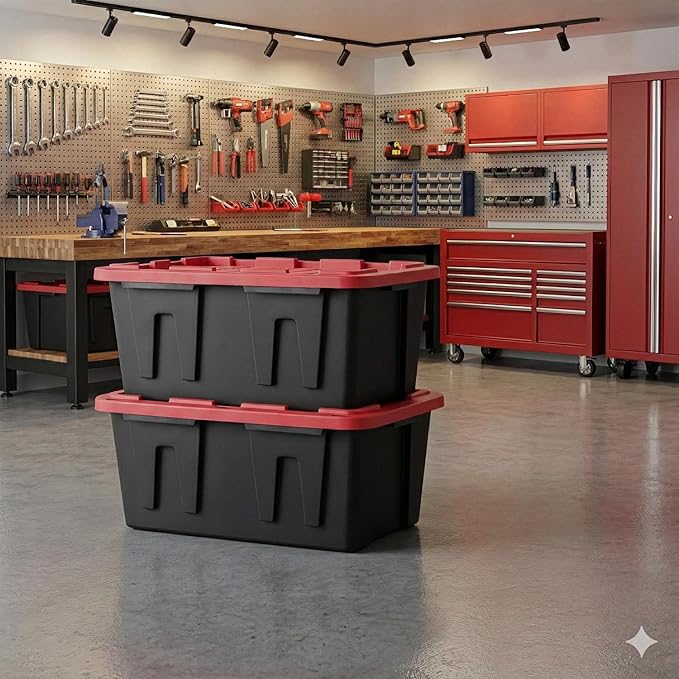 27 Gal Industrial Tote2 Pack Large Storage BinBlack with Red Lid Plastic Storage Container Stackable &amp Nestable Heavy Duty Storage Totes Suitable for Garages Basements or Outdoors (2 Pack)