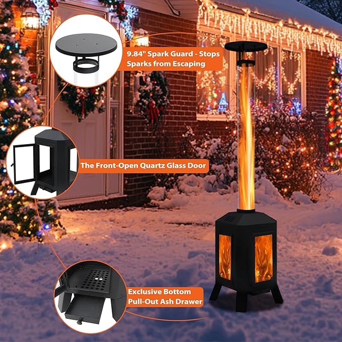 Wood Burning Patio Heater with Glass Viewing Window Glass Tube Fire Pits for Outside Wood Burning Outdoor Fire Pit for Backyard Patio