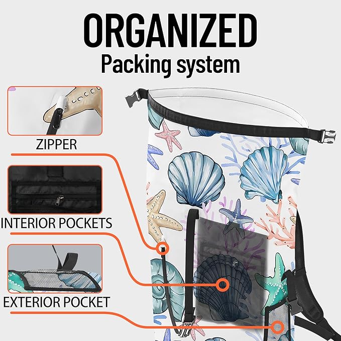 Waterproof Backpack Heavy Duty Marine Dry Bags for Kayaking Hiking Fishing Travel Backpack Roll-Top Closure Bag with Waterproof Phone Case - Sea Shell Coral Nautical Starfish 35L/55L/85L