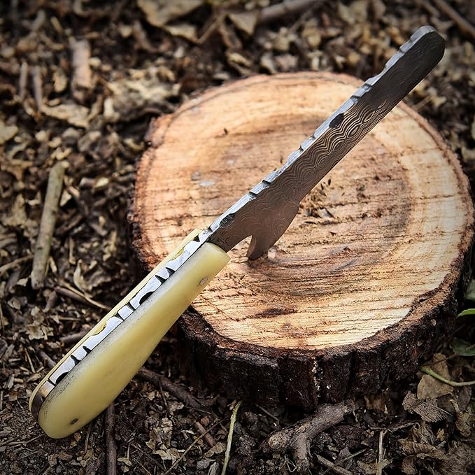 Damascus Steel Knife with Bone Handle Custom Handcrafted Hunting and Survival Knife Full Tang Blade with Leather Sheath - Outdoor Camping EDC and Bushcraft Tool