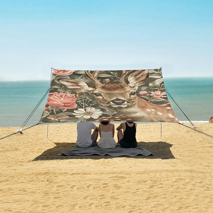 ALAZA Deer Animal Peony Flowers Apple Flowers Feathers Vintage Beach Tent Sun Shelter Portable Canopy Sunshade for Outdoor Camping Picnics Backyard Fun 10x9 ft