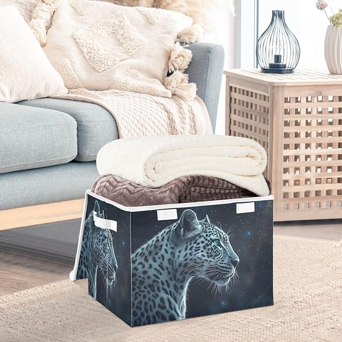 Storage Cube with Lid Night Leopard Print 16.5×12.6×11.8 IN Collapsible Large Capacity Foldable Storage Basket Bin Organizer
