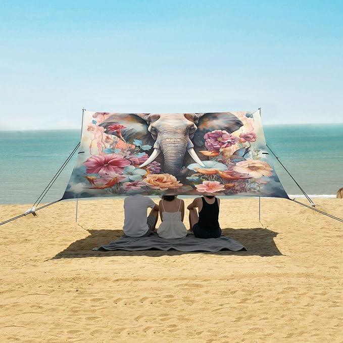 ALAZA Elephant Flowers Waterdolor Beach Tent Sun Shelter UPF50+ Protection Beach Shade Canopy w/ 4 Sandbags for Outdoor Camping Fishing Backyard Fun Picnic 10x9 ft