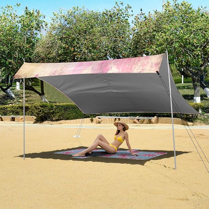 xigua Textured Pattern Beach Tent Sun Shelter with Carrying Bag - Silver Coated Oxford Fabric Beach Canopy for Beach Camping Fishing - Includes Windproof Ropes Sandbags &amp Stakes