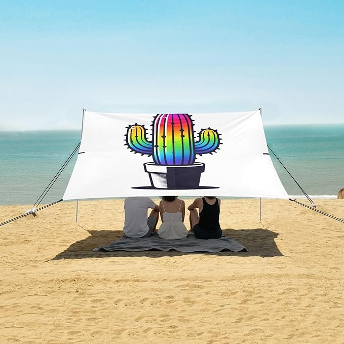 ALAZA Cactus Cacti Rainbow Color Beach Tent Sun Shelter UPF50+ Protection Beach Shade Canopy w/ 4 Sandbags for Outdoor Camping Fishing Backyard Fun Picnic 10x9 ft