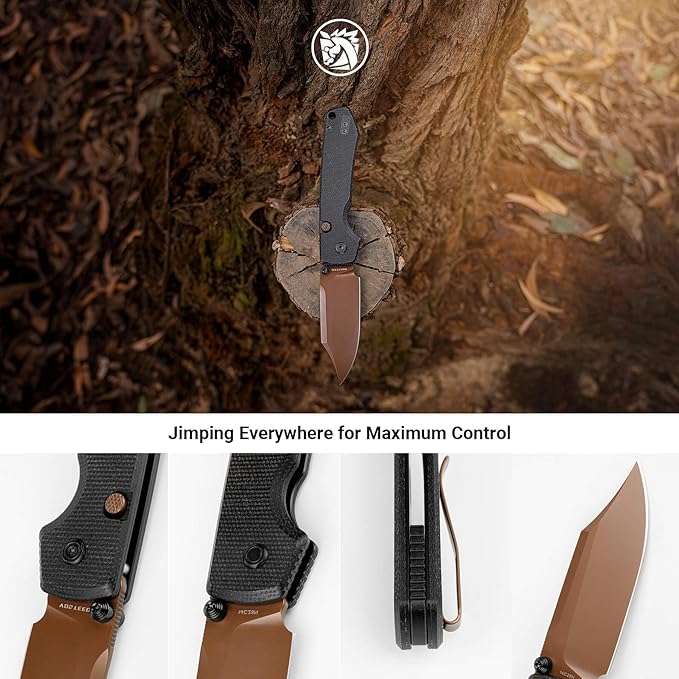 Vosteed Raccoon2.0 Bowie EDC Pocket Knife - 3.25 14C28N Copper Dune Bowie Blade - Top Liner Lock Black Micarta Handle - Camping Surviving Knives - A2926